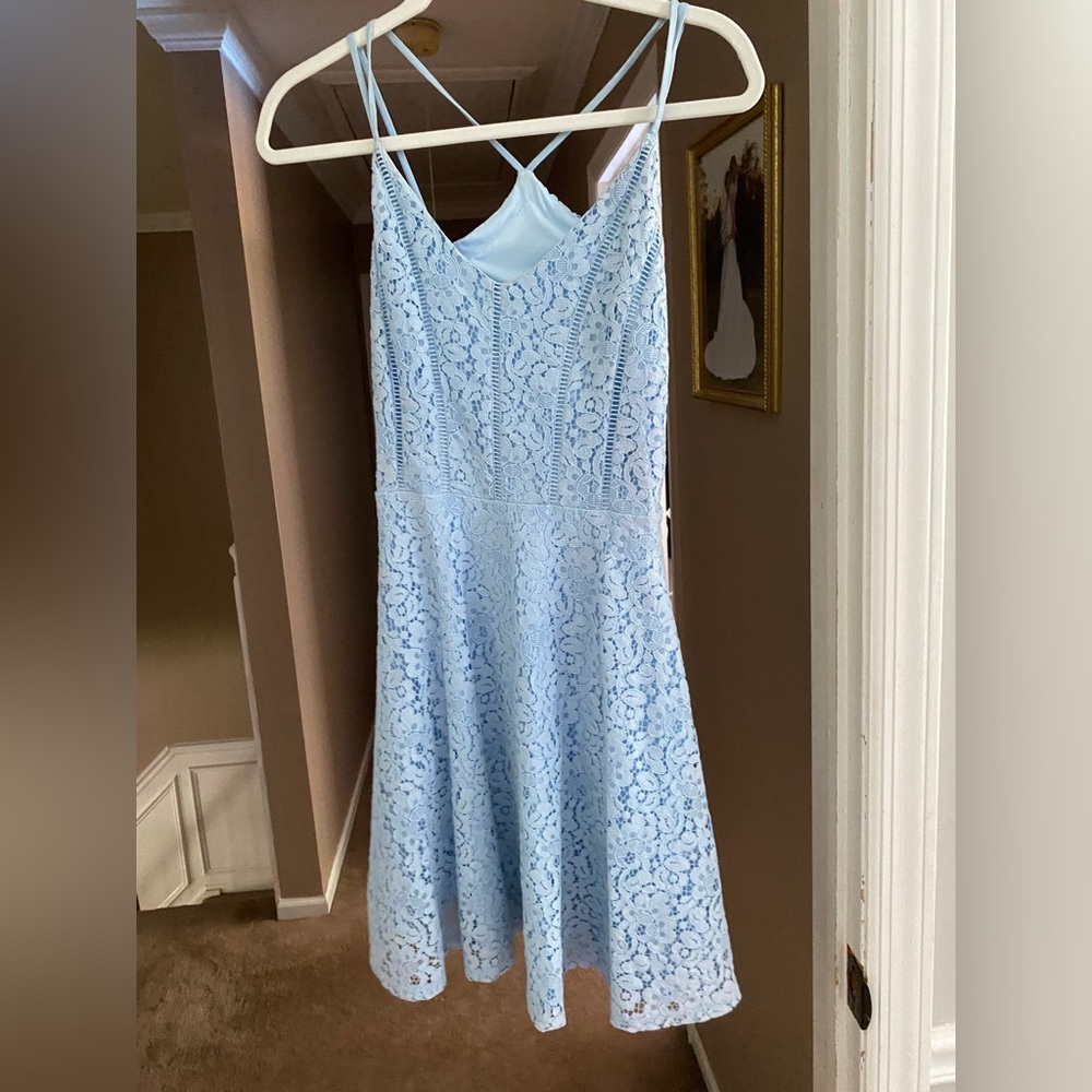 Iight blue lace mini dress.